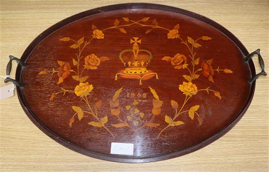 An inlaid commemorative oval tray, dated 1902 length 64cm